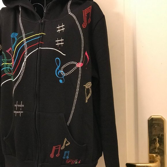 Rare Platinum Plush Black Full Zip Fleece Hoodie With Multicolor Musical Notes - Picture 3 of 10